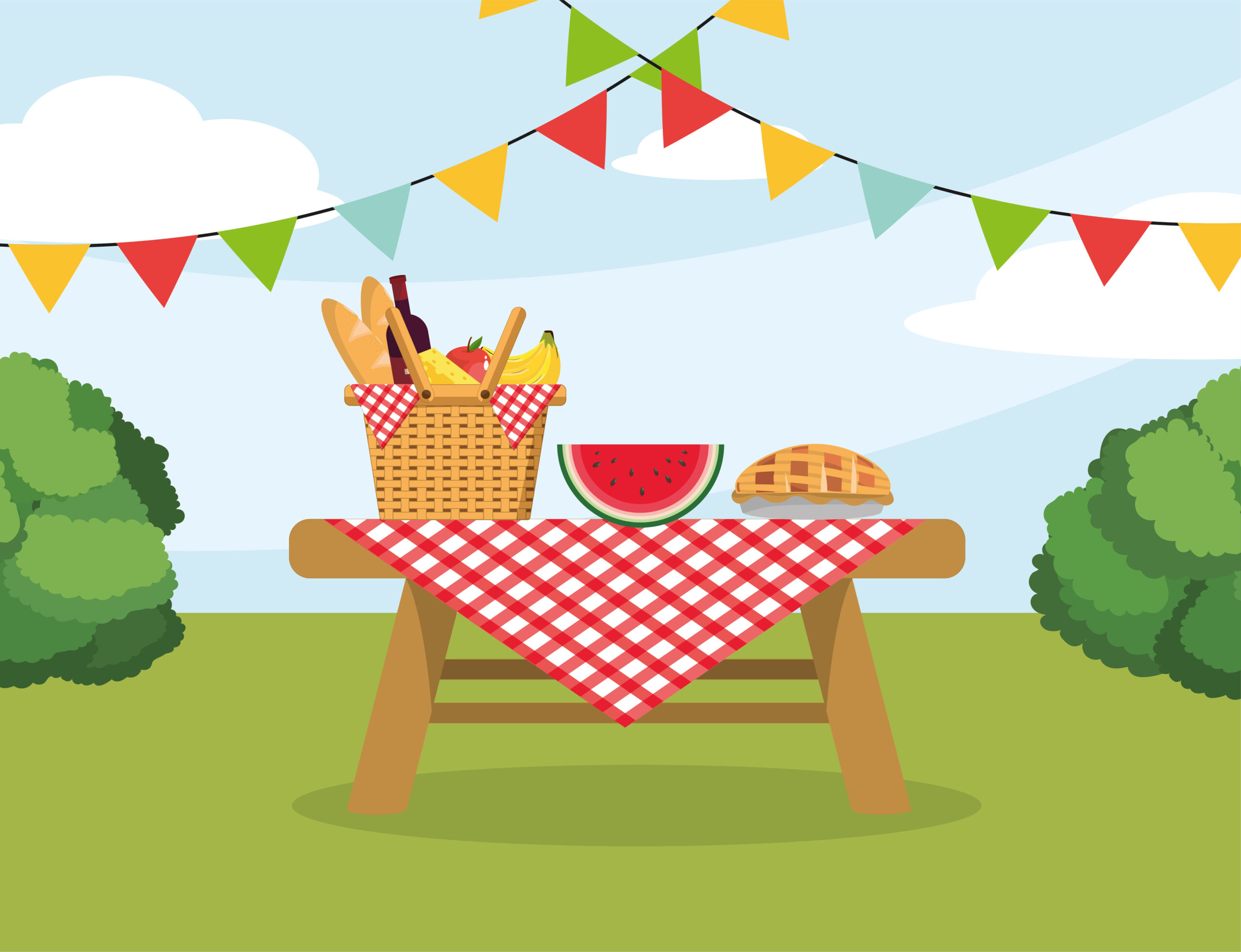 Vector image of a basket with food in the table with tablecloth decoration