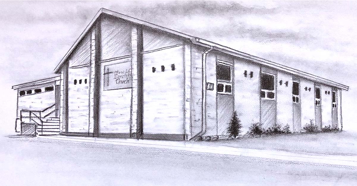 Pencil drawing of the New Life Sanctuary Church building at 618 Muriel St in Winnipeg.